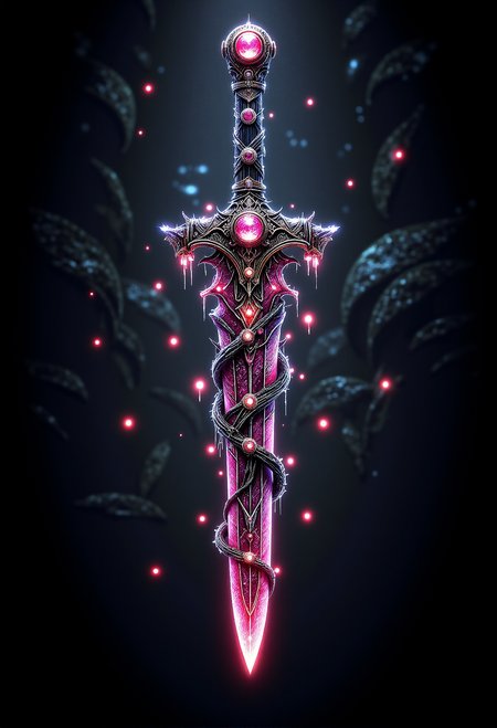 A twisted, ornate dagger with a blade of glass, its hilt wrapped in thorny vines dripping with ruby-like dew <lora:aidmaDall-E3-FLUX-v0.1.safetensors:1.0>,  <lora:black_fantasy.safetensors:0.3>,  <lora:aiai-Glimra-Flux-Dev-v2.safetensors:0.3>,