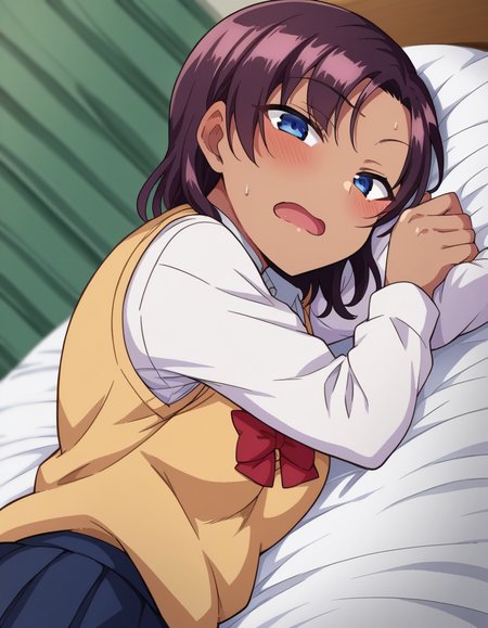 score_9, score_8_up, score_7_up, source_anime,
saehinata, <lora:sae-hinata-ponyxl-lora-nochekaiser:1>
sae hinata, blue eyes, purple hair, dark skin, dark-skinned female,
shirt, bow, school uniform, white shirt, collared shirt, bowtie, red bow, sweater vest, brown sweater, skirt, blue skirt,
indoors, bed, bed room, on side, blush, drunk,
looking at viewer, dutch angle, cowboy shot,