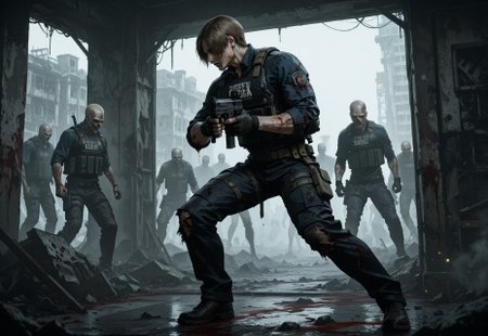solo,1boy,((solo)),alone,male focus,solo,leon kennedy, brown hair, light blue eyes,bulletproof vest,standing,battle-ready,,holding gun,battle stance,dynamic stance,fight stance,tealth,blood,torn clothes,shirts,pantszombie apocalypse,BREAK,zombi crowd,zombie crowd,bald,zombies,zombiedark,gloomy,ruined place,full body,indoor,detailed eyes,one hand down,expressive,cinematic,side view,indoors,far away,  ,detailed eyes,perfect eyes,motion blur,motion lines,motion cinematic,dutch angle,bokeh,depth of view,apocalyptic,dystopian,abandoned,spare bullets,zombie apocalypse,ral-zmbyz,zombie outbreak,resident evil