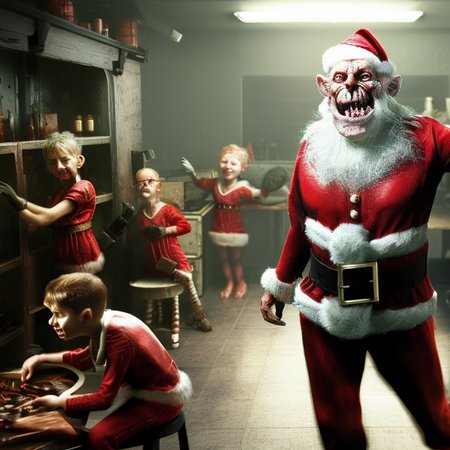 Santa in his workshop surrounded by happy little elves, photo, realistic, hyper detailed, 8k, by HorrorByDave