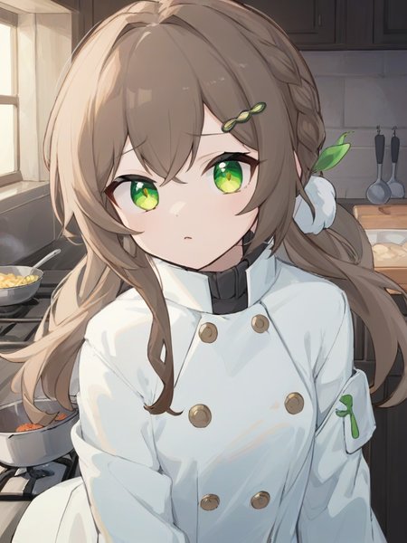 <lora:XL_qingque girl2:1>,qingque girl,green eyes,brown hair,cascadelle\(hairstyle)\,white cook coat