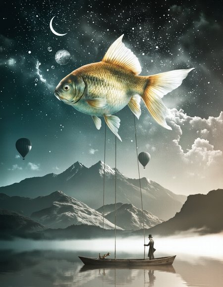 . A surreal digital illustration shoot from a below camera angle about a surreal scene featuring a large goldfish floating above a small wooden boat with a man in a top hat, suspended in mid-air. the scene is set against a dark, stormy sky with a crescent moon and stars, and a misty mountain range in the background. the man in the top hat is standing in the middle of the image, looking up at the large fish. he is wearing a long coat and a hat, and is standing on the wooden boat, which is attached to the fish with strings. the fish is large and gold in color, and it appears to be floating above the water. the sky is filled with stars and bubbles, and there are two hot air balloons floating in the distance. the image has a dreamy, ethereal quality to it, with a soft, dreamy atmosphere.