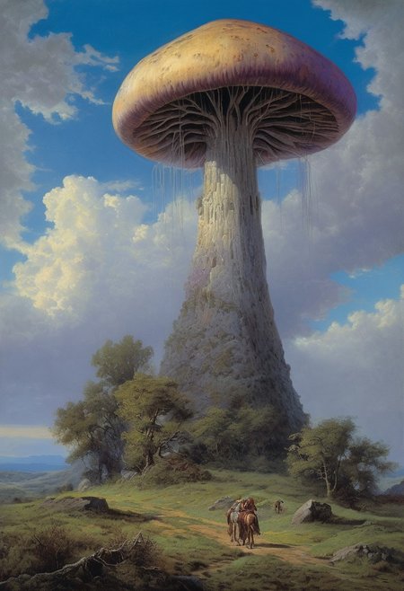 style of Ted Nasmith, score_9, score_8_up, score_8_up, ng_deepnegative_v1_75t, photo, realistic, 
Oil painting, by Jean-Franois Millet, by Gustave Courbet, by Jules Breton, traditional media, oil painting, famous artwork by (karl kopinski:1.2), fantasy style,
In the heart of a twilight valley, gigantic luminous mushrooms tower over a carpet of neon-blue grass, while tiny, light-filled creatures flit through the air, the horizon a tapestry of deep purples and silvery blues,
realistic,
close up, dark fantasy,
<lora:add-detail-xl:2>,
, masterpiece, PYS-XL,