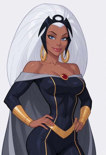 White background, simple background, solid color background, 2d, medium breasts, narrow waist, wide hips,
 1girl, solo, Marvel, Ororo Munroe, dark-skinned female, dark skin, ebony, ebony female, white hair, long hair, big hair, black tiara, headgear, blue eyes, hoop earrings, gold earrings, lipstick, collarbone, off shoulders, bare shoulders, pendent, grey cape, dark blue bodysuit, yellow trim, yellow belt, gold bracers, bare hands, 
Upper body, looking at viewer, hands on hips, smile, close mouth, thighs, tipeht