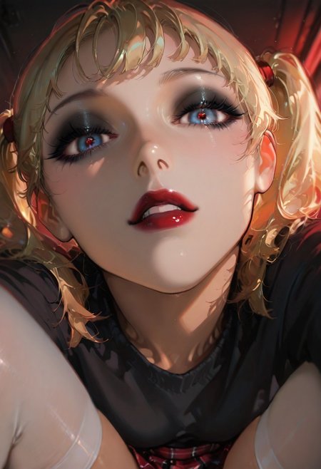 masterpiece, best quality, amazing quality, very aesthetic,absurdres,  newest,  high resolution,(volumetric lighting), Jeanette, 1girl, twin tails, black eyeshadow, black and red lipstick, blonde, plaid skirt, white thigh highs, artist:moriimee, yoneyama_mai, portrait, close-up,looking at viewer,
