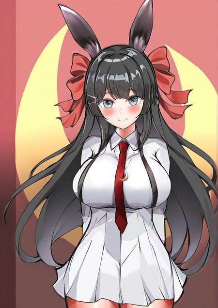 <lora:ngyeohan:1>,1girl, tsukino mito, detailed background, huge breasts, wide hips, animal ears, arms behind back, black hair, blush, bow, breasts, collared shirt, cowboy shot, crescent, crescent necklace, dress, gradient, grey eyes, hair bow, hair ornament, hairclip, jewelry, long hair, looking at viewer, necklace, necktie, open clothes, open shirt, pendant, rabbit ears, red bow, red necktie, shirt, smile, solo, white dress, white shirt, 
very awa, masterpiece, best quality, highres, absurdes,amazing quality