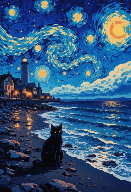 on the beach at night, under a bright starry sky with swirl patterns ((The sky is filled with Van Gogh style, twisted into swirl lines, creating a feeling of movement, as if the stars and clouds are pulsating and rotating)) 
A black cat sits on the shore. In the background you can see a lighthouse, illuminating the shore and the houses nearby, creating an atmosphere of comfort and mystery.