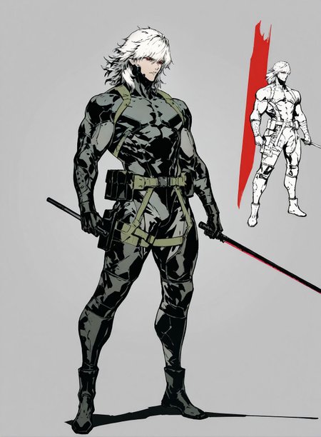 masterpiece,best quality,amazing quality,very aesthetic,absurdres,newest, huge filesize,
<lora:spo_sdxl_10ep_4k-data_lora_webui:0.5>,
<lora:add-detail-xl:1>
1boy, short hair, muscular male,  holding sword,   red eyes, full body,Bio-Ninja, white hair, medium hair, 
raiden \(metal gear\), 
baton \(weapon\), 
simple pencil sketch, spot color, <lora:Yoji:0.8> yoji_shinkawa,
