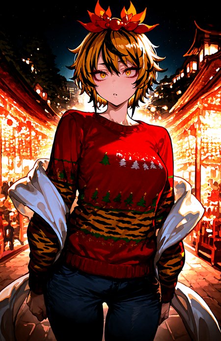 1 girl,  toramaru_shou, 1girl ,animal_print,black_hair ,blonde_hair, breasts , hagoromo, hair_ornament, , long_sleeves, looking_at_viewer ,medium_breasts, multicolored_hair, pants,  shawl, shirt ,short_hair ,solo , streaked_hair, tiger_print, two-tone_hair ,yellow_eyes,
christmas_sweater,  dark, night, indoor,
,Fishine, munakata_(sekimizu_kazuki),dekosukentr,kizuki_aruchu ï¼ireadingï¼kubo_tite_(style) ,
ï¼masterpiece, best quality, newest, absurdres, highres,
<lora:illustrious_noobai_epsilon_pred_1_best_quality_v1:0.4> ,<lora:illustrious_noobai_epsilon_pred_1_masterpieces_v1:0.4>, <lora:illustrious_noobai_epsilon_pred_11_very_aesthetic_v1:0.4>, <lora:ponyv5_noobV065S_1_adamW:0.6>, <lora:add-detail-xl:0.4>, <lora:GEN(illust) 0.2v:0.6>, <lora:USNR STYLE_XL_loha:0.6>, <lora:cfg_scale_boost:0.4>, <lora:christmas_sweater:0.8>