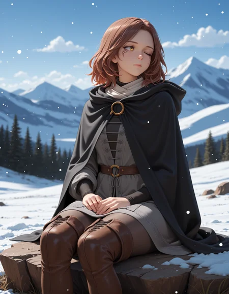 <lora:Melina - Elden Ring (NoobAI):1>
1girl, solo,
m3lina, facial tattoo, brown hair, medium hair, one eye closed, yellow eyes, one-eyed,
hooded cloak, hood down, black cloak, grey dress, pantyhose, thigh boots, 
sitting, looking to the side, arm support, rock, dirt, hands on lap, 
outdoors, blue sky, clouds, nature, mountainous horizon, blurry background, depth of field, snow, snowing, 
straight-on, looking to the side,, masterpiece, best quality, amazing quality,