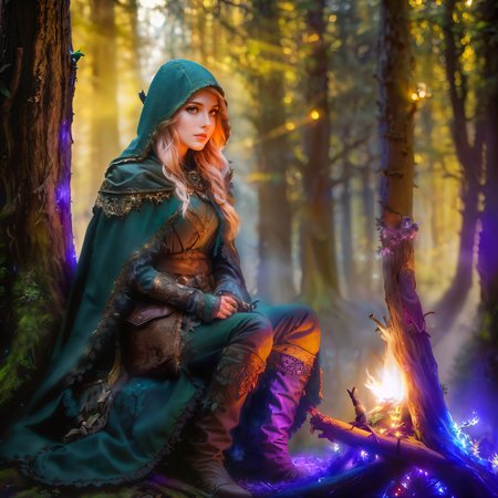 Photo canon 4d, canon 5d, 4k high quality, high resolution, cinematic lighting, 4k wide shot fanran, woman, cape, (holding a knife:1.4), outfit a young woman wait patiently sitting on a old tree stump holding a small glowing (knife|dagger) with blue light blade .  In the dark foreboding woodland behind pairs of (eyes glow in the shadows watching silently:1.3).  A campfire lights the area in a warm glow. <lora:Rangers, Hunters, Woodsmen:1> <lora:Light Control - Exposure Slider v1:0.5> ordinate designs on cloak trim, gold pattern details, moss mushrooms, vine climbing tree. quality fabrics intricate leather detailing, refined workmanship <lora:Detail_slider_v4 PlusOrNeg5:2>