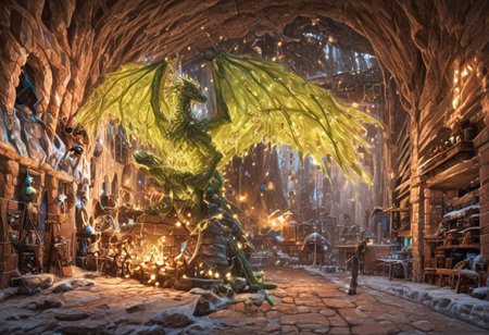 Dragon in Christmas cave, cave, festive cave, Christmas decorations, Christmas lights
(((Sparkling, Sparkly))) glowing dragon, christmas dragon, dragon wrapped in Christmas lights, glowing matrix, glowing Christmas lights, hyper realistic, photorealistic, HD, High detail, High detail eyes, high detail face, wings, glowing wings, light scales, glowing Christmas lights on wings, glowing light scales, tail, tail wrapped in Christmas lights, four legs, 
BREAK 
Snowy background