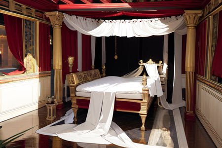 highly insanely detailed, masterpiece, top quality, best quality, highres, 4k, 8k, RAW photo, (very aesthetic, beautiful and aesthetic),  
Ancient Roman Interior Design,RomInt,ancient_roman_bedroom,bed,blanket,candlelight_ambience, 
<lora:RomanInterior-10:0.7>, 
(1girl:1.3), 
1other, 
, 
very long hair,hair over eyes,floating,ultra floating hair,hair ornament, 
, 
at sunset,polka-dotted background, 
,âââ