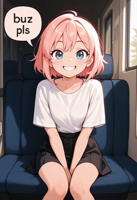 (masterpiece, best quality, highly detailed), 1girl, pink hair, blue eyes, short hair, smiling, black skirt, white shirt, sitting, buzz pls, speech bubble