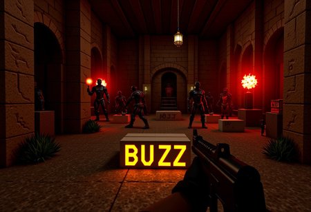 masterpiece, best quality, highly detailed, score_9, score_8_up, score_7_up, 
BREAK, 70mm lens, full-color photograph, realistic photograph, shadows, cinematics lighting, volumetric lights, realistic lights, three quarter view, film grain, 
BREAK, cowboy shot, zoom out
BREAK, First Person Shooter, Doom, Quake, Duke Nukem, low polygraph game, hellish landscape in the background, pixelated demons in the background, retro, 1990's game aesthetics
BREAK,
on the ground are small white boxes with the text: "BUZZ" in glowing yellow letters