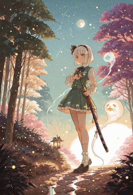 safe_pos, source_anime, high res image, masterpiece, best quality, very awa, absurdres, perfect quality, newest, HDR, highres, scenic, ultra detailed face, detailed eyes,
BREAK 1girl, konpaku youmu, solo, white hair, short hair, blunt bangs, blue eyes, hairband, hair ribbon, black ribbon, black bowtie, white shirt, collared shirt, green vest, green skirt, socks, katana, (detailed katana:1.2), drawing a katana, unsheathing a katana, ghost, girl focus
BREAK riverside, lantern, moon light, (soft lighting:1.1), stars, lantern light, fireflies, trees, path, bushes, pastel colors, gradient color, cozy atmosphere, warm tone