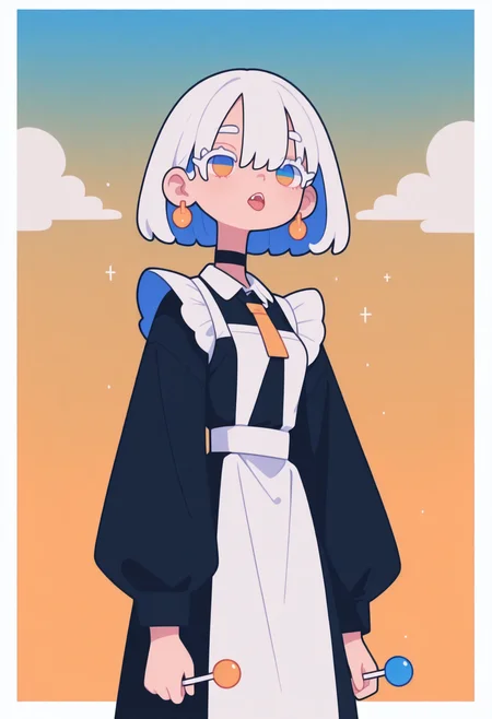 masterpiece, best quality, good quality, very aesthetic, absurdres, newest, 8K, from side  BREAK 
side portrait of stunning girl standing, bangs, white hair, multicolored hair, bobcut hair, 
pastel cyan eyes, choker, hair over one eye, 
small breasts, earrings, ear pierces, 
ultra detailed decorative victorian gossamer clothes, very short tight black maid dress, maid apron,  
simple pastel gradient turquoise  background with extremely thick white border,
BREAK 
half closed eyes, unfocused eyes, 
subtle fangs peeking out from slightly parted lips, tongue loosely hanging out,
distant gaze, emotionless look, looking away, uneven eyes,  white thick eyelashes, white long eyelashes,
(holding a lollipop with right hand, licking a lollipop),
(storming), strong wind, cloudy, 
ultra-realistic, Flatline, Flat vector illustration, haiz_ai, no lineart, no outline,  rain,
heavy-rain, modern fence in background, clouds, very smoky,
<lora:Rain (Illustrious) v1:0.5> <lora:ponyv6_noobE11_2_adamW:0.25> <lora:haiz_ai_illu:0.8> <lora:flatline:1.65>