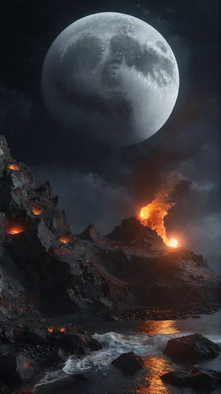 <lora:lcm-lora-sdxl:1>,<lora:add-detail-xl:1>,Moon over a vulkan,magma flowing to the sea,