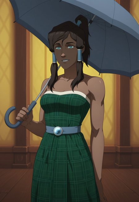 NeWiStyle, Korra, hair tubes, 1girl, plaid clothes, plaid dress, brown dress, green dress, strapless dress, umbrella