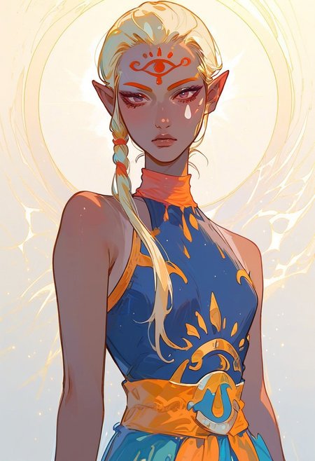 safe_pos, score_9, score_8_up, score_7_up, score_6_up, illustration, line art, light particle, bdsm, black overline, expressive face, golden hour lighting, volumetric lighting, vivid colours, sharp lines, cowboy shot,
 WOWST,
dark skin, blonde hair, braid, pointy ears, forehead mark, bare shoulders, dark blue outfit, sash
