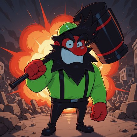 Anton, 2d, human, man, red skin, red body, black pupils, lime green shirt, long sleeves, small lime green hard hat, black pants, black suspenders, black hair, scruffy black beard, black eyebrows, big red nose, broad shoulders, short, small legs,

BREAK holding single red and black hammer, hammer over shoulder, looking at viewer, smile, teeth, looking at viewer, standing

BREAK best quality, amazing quality, very aesthetic, absurdres, newest, outside, outdoors, rubble, rocks, explosion in background