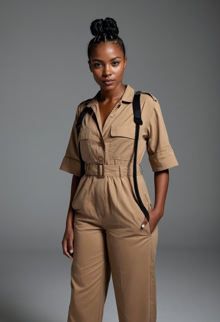 sdxl_lenruadi, cinematic photo, wearing a utility jumpsuit, perfect bantu knot hair, in studio rim lighting, editorial shot with sculptural shadows and high-gloss textures