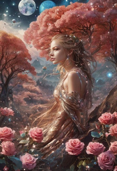ral-crztlgls, The aura of the cosmic crystal flower garden is breathtaking. 1girl. The gusts of cosmic wind are dynamic, and the trees in the garden have a shadowy feel. The plants in the garden are sinister and have intricate details. The whirlwinds and sandstorm create a cosmic landscape. The sky is cloudy and the solitude is overwhelming. The fierce wind blows silver blood splatters across the landscape. The rose petals and lunar eclipse add a mystical touch to the scene. The menacing aura of the dark animated flora is ominous and mysterious. The geometrical cosmic patterns and detailed background create a close-up image that is sexy and captivating. The light blue tones add a touch of elegance to the overall composition.