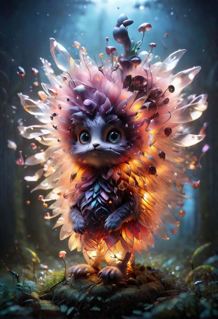 Mix the glowing-mushrooms, bunny and curly fur to create adorable magical creature with big glowing eyes, masterpiece, Surrealism, close-up, macro photo, f/1.2, backlighting, Albert Edelfelt, multicolored hair