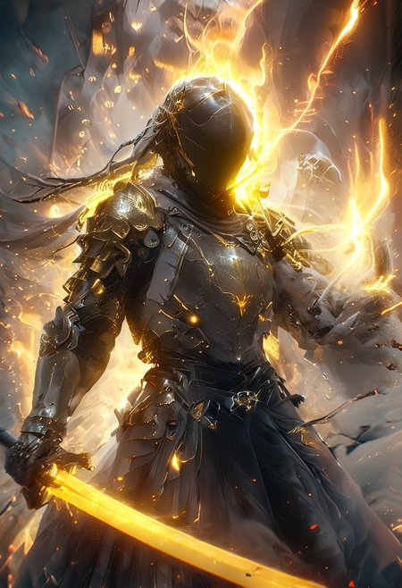 1man, Cyborg Samuraii in golden samurai armor, wearing samurai helmet and armor,  golden fire, wielding dual swords:1.2, brave perspective, reflection, glowing golden fire, golden lightning shatter, , glowing sword, motion blur, emphasis line, outdoor in the darkness, looking at viewer, katanas