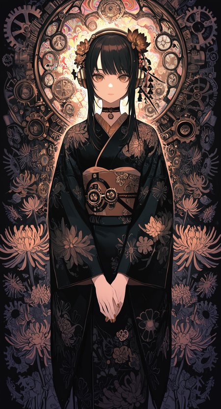 masterpiece, best quality, good quality, very awa, newest, highres, absurdres, 1girl, solo, looking at viewer, black hair, long sleeves, hair ornament, closed mouth, brown eyes, standing, flower, sidelocks, japanese clothes, choker, hair flower, wide sleeves, kimono, nail polish, sash, expressionless, headphones, floral print, obi, own hands together, short hair with long locks, v arms, straight-on, print kimono, black kimono, gears, kanzashi, steampunk, chrysanthemum, brown flower, limited palette, sketch, glowing, psychedelic, <lora:illustriousXL_stabilizer_v1.23:0.3> <lora:NOOB_vp1_detailer_by_volnovik_v1:0.3> <lora:ponyv6_noobE11_2_adamW-000017:0.3> <lora:114558v4df2fsdf5:0.7> <lora:mon_monmon2133:0.6>