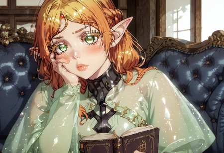 score_9, score_8_up, score_7_up, score_6_up, shiny, shiny skin, shiny hair, 8k, masterpiece, absurdes, highly detailed, highres, high quality, best quality, anime screencap, anime coloring, 
elf, ccc, elf, ccc,
SARKSTYLE
Medieval living room, medieval couch, transparent clothing,  transparent clothes, visible navel, visible boobs,
Sitting on couch, leaning on couch, reading book, looking at book, right hand on cheek, blush, lips parted, upper body focus