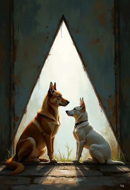 Create an image that only uses triangle forms. Incorporate animals. The composition should feel haphazard and raw, evoking odd charm. Atmospheric light.