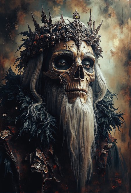Abstract painting by Zdzislaw Beksinski. A chilling portrait of a blind necromancer, his face marked by scars that tell the tale of countless dark rituals. His eyes are clouded and glassy, devoid of life, staring into the void with an expression of utter emptiness. His long, smooth white hair cascades down, intricately decorated with bones and black feathers, adding to his ominous presence. A crown made of jagged bone fragments rests atop his head, a symbol of his mastery over death. His gaunt face is emotionless, with deep lines etched into his skin, reflecting a lifetime of communion with the dead. The background is a swirling haze of dark, muted colors, enhancing the necromancerâs aura of dread and power, as if he is a vessel of ancient, forbidden knowledge. deep depth of field, photography, Natural geographic photo, Hyper-realistic, 16k resolution, (masterpiece, award winning artwork), many details, extreme detailed, full of details, Wide range of colors, high Dynamic, <lora:aidmaMJ6.1-FLUX-V0.1.safetensors:1.0>, <lora:Elden_Ring_-_Yoshitaka_Amano.safetensors:1.0>,   <lora:svgvrs_flx_EliPot.safetensors:0.5>,  <lora:ARTifacts.safetensors:0.5>,