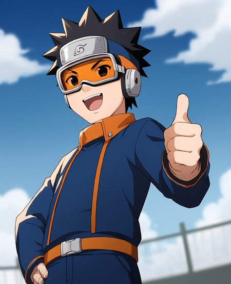 score_9,score_8_up,score_7_up,source_anime,rating_safe BREAK masterpiece,highres,best quality,high quality,dramatic angle,cinematic lighting,1boy,<lora:Obito_Pony_V2:1>,Uchiha Obito \(Shounen\),young,black hair,spiked hair,goggles,forehead protector,konohagakure symbol,blue shirt,blue pants,belt,pockets,holding kunai,wristband,one hand on own hip,:d,happy,open mouth,v-shaped eyebrows,depth of field,blue sky,black eye,orange stripes,orange collar,shounen,from below,sunshine,thumbs up,long  sleeves,fishnet top,jacket,