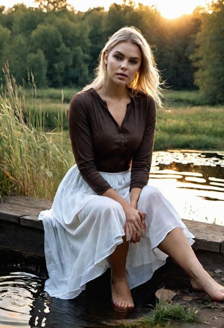 longshot, (realistic, ultra_realistic, 4k, 8k, hyper_realistic), a beautiful [Scandinavian] woman in dark brown blouse and long white underskirt, sunrise, (beautiful cute realistic faces, expressive eyes), realistic rendering, dusky, squatting and sitting on the steps of a pond:0.9, ((washing clothes in the pond:1.5)), ((looking away:0.5)), exposed thighs, ((body covered with soap froth:1.3)),