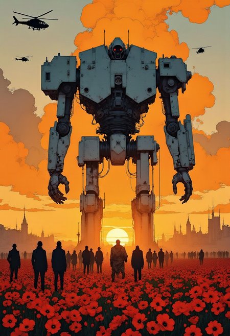 A digital illustration of 3D art by Adam Martinakis and Edmund Tarbell, Digital Art, a dystopian scene. a massive, imposing robot looms over a crowd of people, its metallic form gleaming ominously against a fiery sunset. the robot's design suggests it is a weapon of war, with its imposing stature and menacing features. in the foreground, a field of poppies stretches out, symbolizing the fragility of life in the face of impending destruction. helicopters hover overhead, adding to the sense of chaos and impending danger. dark and foreboding, hinting at a world on the brink of catastrophe., Surrealism, digital manipulation, ethereal landscapes, Impressionist, soft focus, domestic scenes, great light, complex, warm light, beautiful detailed supreme quality color intricate, luxurious sharp focus, ambient atmosphere.