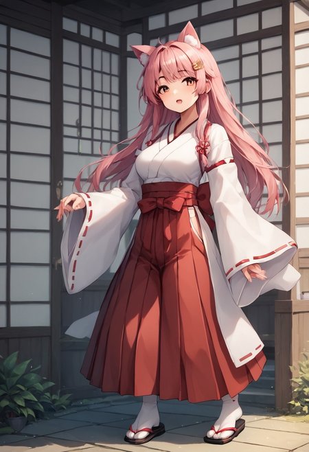score_9, score_8_up, score_7_up, score_6_up, score_5_up, score_4_up, masterpiece, high quality,Kluclew_Art,easynegative,japanese clothes, hairclip, wide sleeves, ribbon trim, long sleeves, hakama skirt, miko, sleeves past wrists, red hakama, white kimono, tabi, ribbon-trimmed sleeves, pinching sleeves,yuika3,cat ears,pink hair