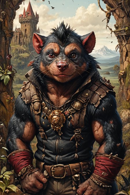 Detailed digital portrait of an anthro Tasmanian devil at a Dilapidated castle surrounded by wilderness, <lora:xl_more_art-full_v1:0.5>,  <lora:The_Crazy_Style:0.7> <lora:anthro_muscular:0.7>