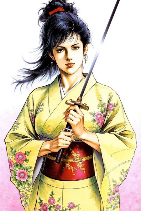 1keryo illustration. 
A woman holding a long, slender Japanese katana sword She has dark hair styled in a high, messy bun adorned with a single red hairpin. She is dressed in a traditional yellow Japanese kimono with pink and green floral patterns. <lora:1keryo1_cap_d6a3e12:1.0><lora:826546695254023202:0>