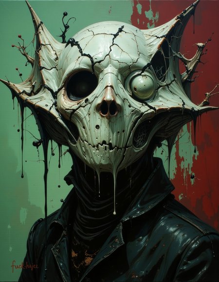 An oil painting in green, red, black, and white colors, depicting a waist-up portrait of a creature with a strange, flat mask that has no visible face. The mask is cracked and weathered, with black liquid oozing through the fissures, adding a sinister and unsettling effect. The creature's form is partially obscured by the abstract and textured mask, which contrasts sharply with the background colors. The painting captures the eerie and mysterious nature of the creature, with the cracked mask and flowing black liquid enhancing its dark, enigmatic presence. <lora:HORROR_lora.TA_trained:0.8> horror show, In the corner there is a small inscription "fuck hue", like the authorâs signature.