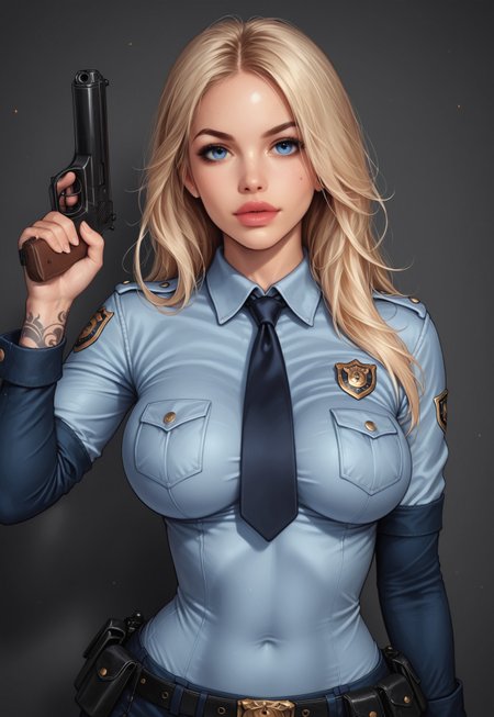safe_pos, cute adult curvy girl, Police uniform, normal lipstick, sweat, tattoos, looking at viewer, white long hair, good breasts, realistic, hips, flat tummy, cinematic angle, cinematic lighting, fit body, cute face, brightness blue eyes, action shot,
police car on background, outdoor
in a pose with a gun, with big pistol
score_7_up, rating_explicit, Expressive, (upper body:1.75), dynamic pose. ((with big pistol in hand))
(((full-clothed))),
 <lora:add-detail-xl:1>
 <lora:Dynamic Poses:1>