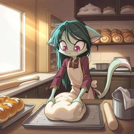 score_9, score_8_up, score_7_up,lilith_calah,
1girl,solo,furry,tail,dark green hair, source_furry,
 ,<lora:lilith_calah_illustrious:0.8>,
child, kid, 
covered in dough, covered in flour, kneads dough on a flour-dusted counter, sunlight streaming through café windows. A kitten bats at a rolling pin, and trays of pastries line the shelves, baking, dough, flour, kitten, rolling_pin, countertop, pastry, sunlight, apron, messy_hair, bow, indoors, warm_lighting, cozy_atmosphere