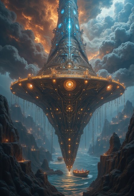 A titanic floating citadel drifts above an endless ocean, its base carved from black stone that glimmers like obsidian, etched with glowing, ancient sigils. The upper levels of the citadel spiral skyward, formed of translucent crystalline towers that refract light into cascading rainbows. Suspended below the citadel is a vast ring of golden machinery, slowly rotating and crackling with arcs of blue energy, creating the gravitational force that keeps the structure aloft. 
Around the citadel, storm clouds churn violently, pierced by beams of light emitted from massive, lens-like apertures embedded in the towers. The ocean beneath mirrors the chaos above, with waves that glow faintly, as if infused with energy from the citadel itself. Small, glowing skiffs ferry travelers up through columns of light to the floating fortress, where markets filled with radiant artifacts and luminous flora bustle atop terraces overlooking the clouds. In the distance, other floating citadels dot the horizon, suggesting an empire of technological marvels suspended between the heavens and the sea. The scene pulses with dynamic energy, blending the power of nature with the mastery of an advanced and mysterious civilization.