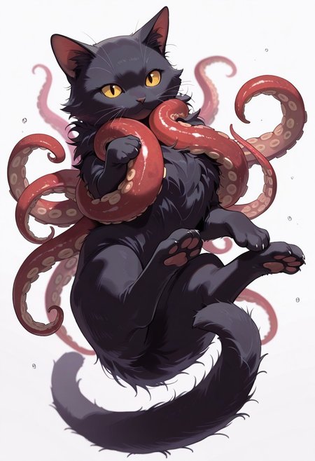 (masterpiece, best quality, high quality, highres), very awa, highres, absurdres,
 (no humans:1.1), (solo:1.2), full body,
(black cat:0.6), (octopus:0.7), (fluffy:0.4), (tentacles:0.7), (multiple limbs:0.7), paws,
simple white background,
