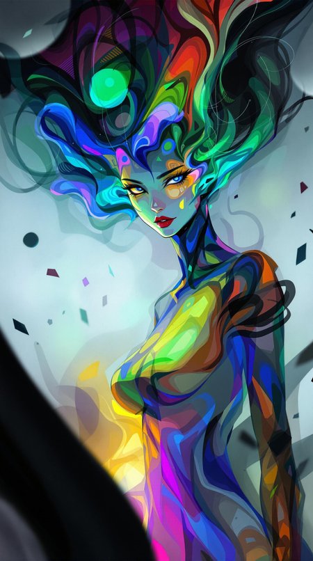 An enigmatic and fluid character with no defined hair, but instead a flowing aura of vibrant colors. Her eyes are abstract shapes that seem to change and shift. She wears a minimalist outfit made of translucent materials that blend seamlessly with her surroundings. She is positioned in an abstract digital environment where shapes and colors shift and swirl dynamically, with no clear reference point. Her expression is elusive and mysterious, embodying the essence of abstract art. The overall feeling is enigmatic, chaotic, and full of visual fluidity.