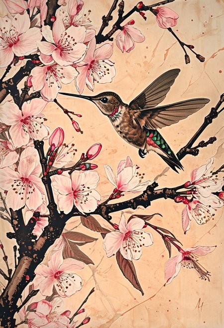 Linquivera, ink illustration, (Anime:0.5), light pink tones, (((very aged dark brown paper))), inkpunk, (((Botanical illustration))), 1hummingbird, cherry blossom, branches, fine lines, will-o'-the-wipe light, overall detail, extremely detailed, UHD, (long exposure, dystopian, but extremely beautiful: 1.4), style by  Maria Sibylla Merian, awardwinning, masterpiece
