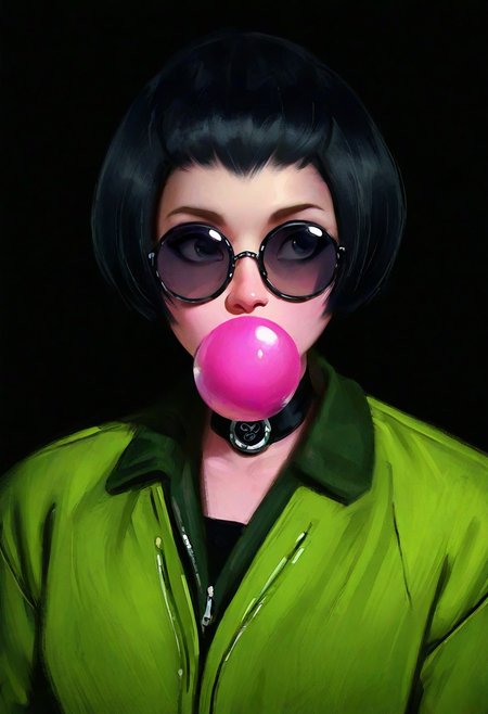 zeb1jy,  masterpiece, semi-realism,  best quality, solo,                                  mathilda from leon, green jacket, black round sun glasses, choker, (bobcut:1.1),  blowing bubblegum, facing viewer,