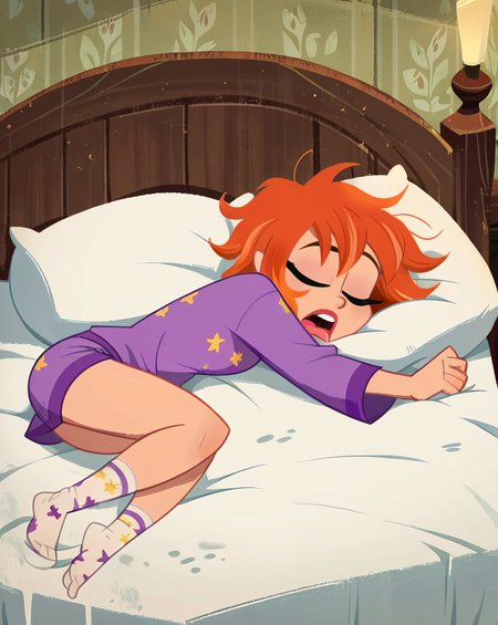 score_9, score_8_up, score_7_up, score_6_up, score_5_up, score_4_up, implied, source anime, 1 girl, DCSG Style, BabsG, BabsG Normal, Orange Hair, pajamas, socks, messy hair, drool, snoring, KTFO, asleep, indoor, bedroom, on bed,  nighttime, <lora:K.O._Down_for_the_count:.6> <lora:DC_Superhero_Girls_2019:.8>, ZPDXL2, <lora:more_details:3> <lora:xl_more_art-full_v1:1> <lora:ugly_style:-1>