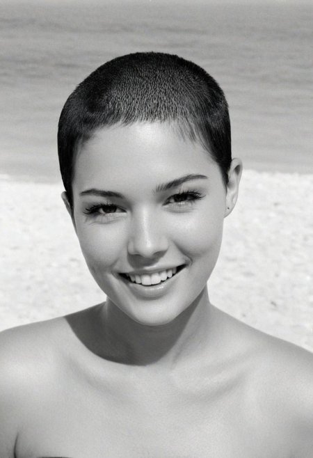 young woman, 18 years old, smirking, half body shot, ((overhead shot)), <lora:A_SHort_Cut_v3_SDXL:1.2>, (very short hair:1.2), (buzz cut:1.2), black hair, face the camera, looking at viewer, monochrome, sharp contrasts, tropical beach backdrop,1968, 60s