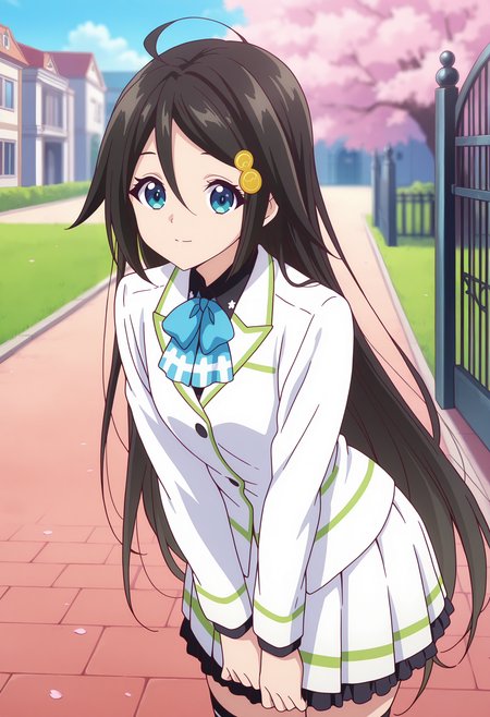 anime screencap, masterpiece, best quality,
<lora:MusaigenNoPhantomWorld_IzumiReina_IlluXL:0.9>,
1girl, solo, closed mouth, light smile,
long hair, hair between eyes, ahoge, black hair, blue eyes, hairclip,
white jacket, collared shirt, black shirt, blue bowtie, long sleeves, pleated skirt, frilled skirt, white skirt, black thighhighs,
v arms, standing, looking at viewer,
building, cherry blossoms, gate, grass, day, blurry background